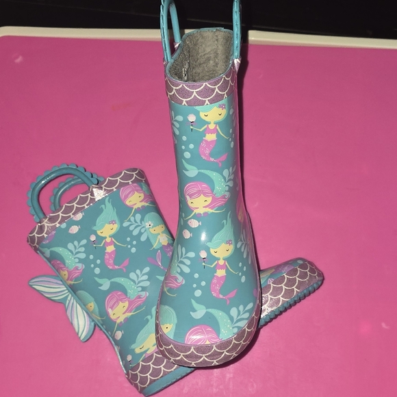 Mermaid Wellies Gray Fleece Lined Rain Boots w/easy-on handles ✨️ Trim, 9/10 - Picture 10 of 15